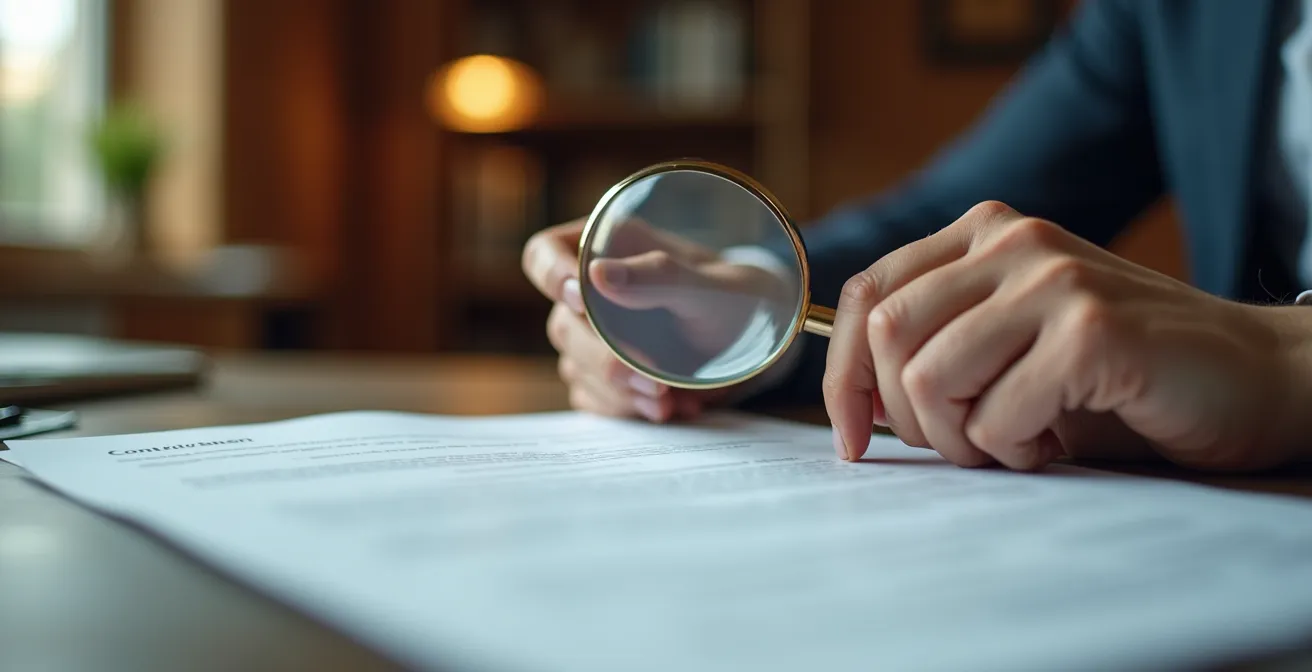 Personne analysant attentivement des documents d'assurance avec une loupe, dans un environnement de bureau calme