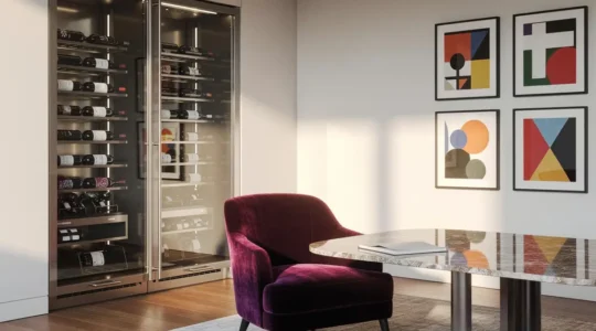 Intérieur élégant avec une cave à vin vitrée et des œuvres d'art abstraites, sans texte visible, évoquant la sécurité patrimoniale.