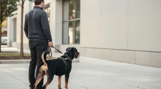 Un proprietaire tient son chien de categorie 2 en laisse et museliere, devant un decor urbain neutre avec un large espace vide pour accueillir un titre.