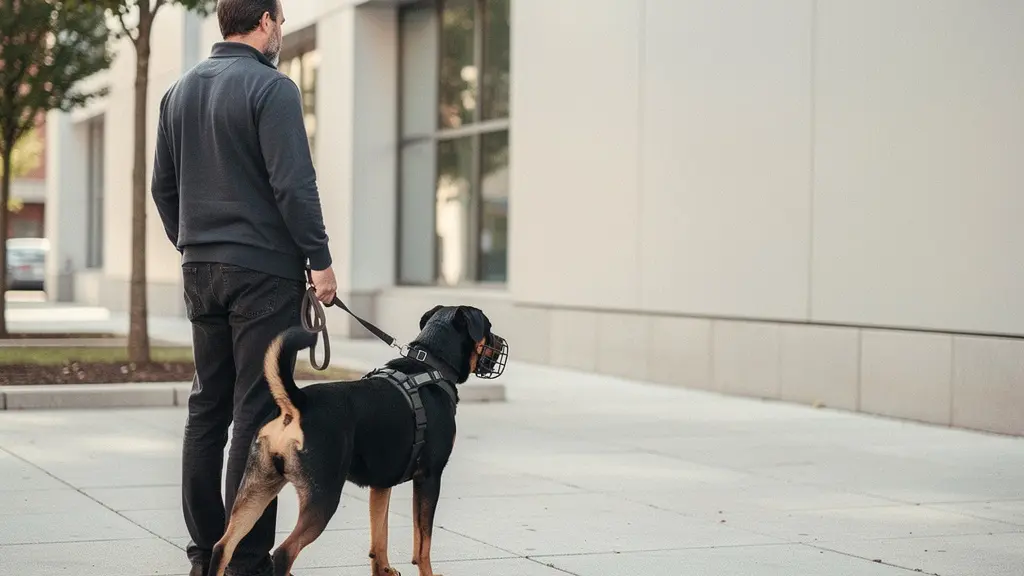 Un proprietaire tient son chien de categorie 2 en laisse et museliere, devant un decor urbain neutre avec un large espace vide pour accueillir un titre.