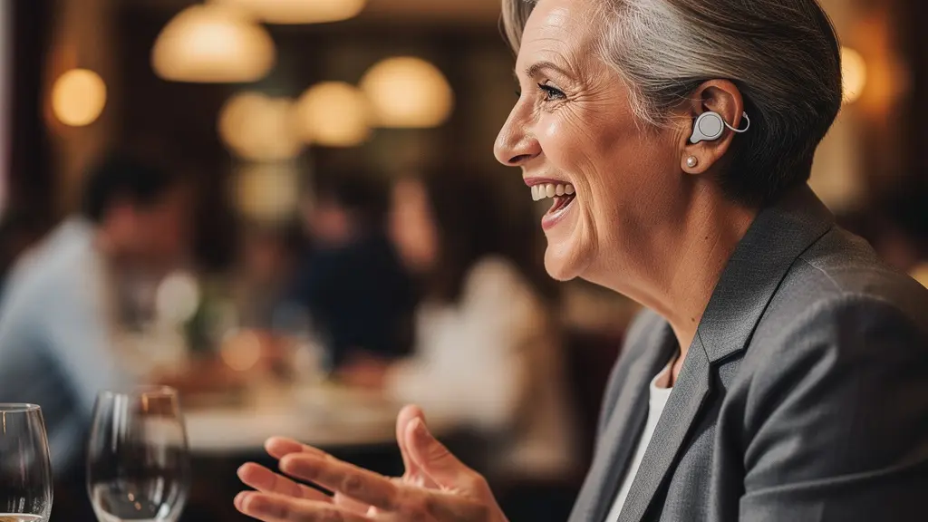 Personne portant une aide auditive discrète dans un environnement de restaurant animé