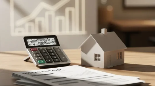 Calculatrice et documents d'assurance habitation sur bureau en bois avec graphique ascendant en arrière-plan