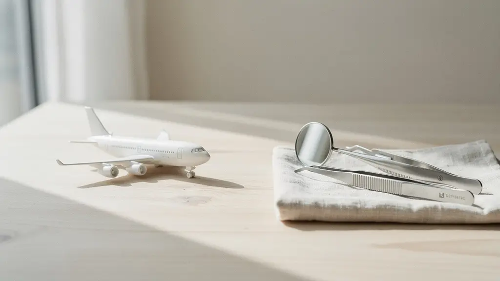 Scène symbolique évoquant le tourisme dentaire avec un petit avion miniature posé près d'instruments dentaires sur un fond épuré