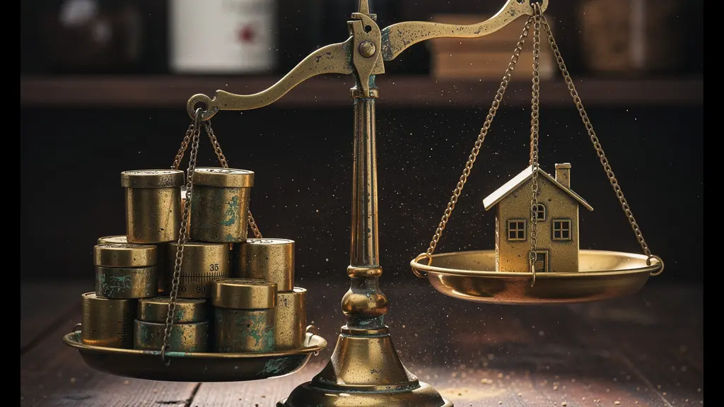 Gros plan sur une balance ancienne en laiton déséquilibrée, symbolisant le conflit d'intérêts entre l'expert de la compagnie et l'assuré sinistré