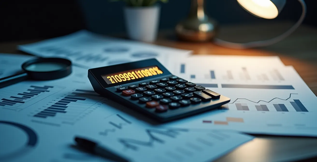 Calculatrice et documents financiers étalés sur un bureau professionnel