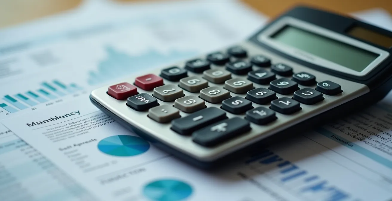 Gros plan sur une calculatrice et des documents fiscaux flous