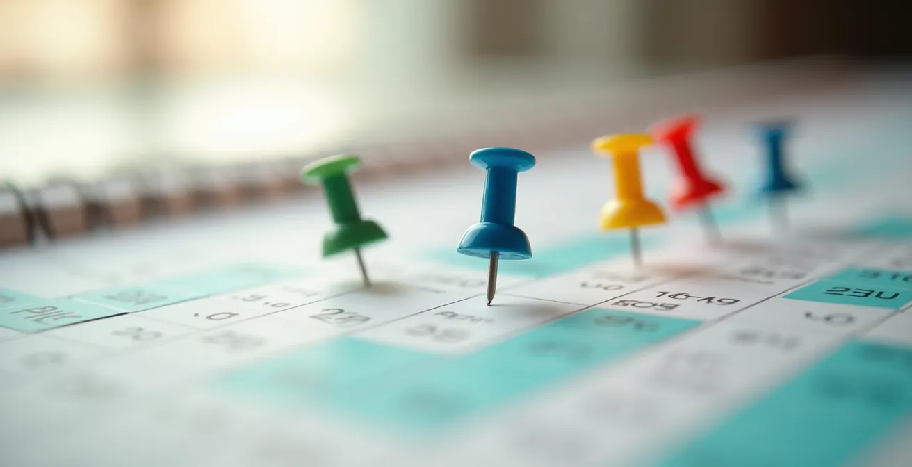 Vue macro d'un calendrier avec des punaises colorées marquant les dates importantes de déclaration