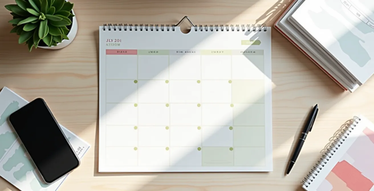 Vue en plongée d'un bureau avec calendrier, stylo et documents organisés
