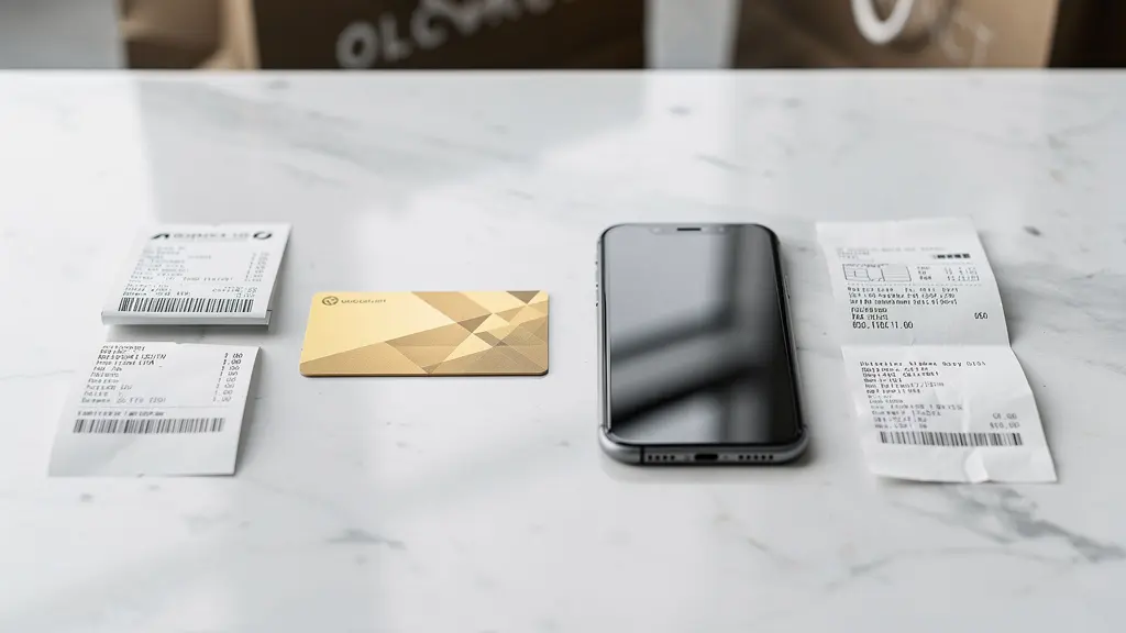 Carte bancaire dorée posée à côté d'un smartphone neuf avec facture en arrière-plan