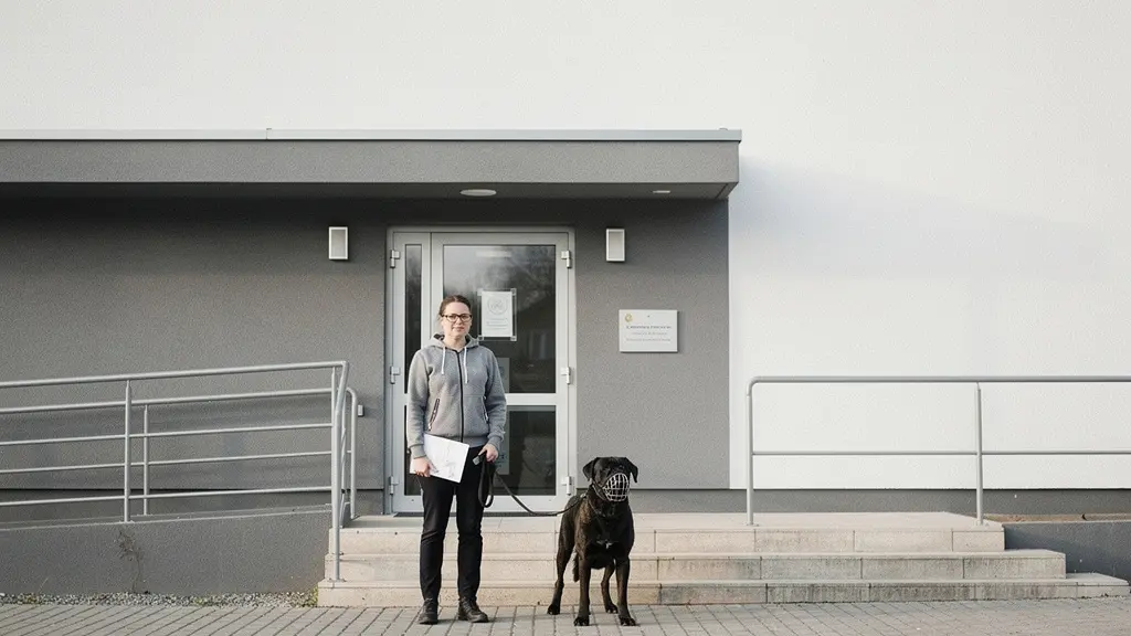Une personne et son chien muselé attendent devant un batiment administratif neutre, suggérant des démarches de permis et d'assurance sans aucun texte visible.