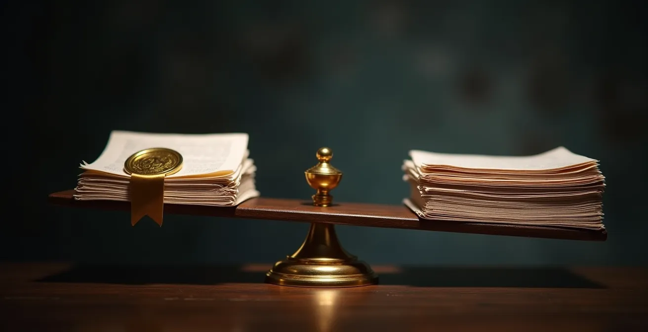 Comparaison visuelle entre deux types de contrats d'assurance dépendance, symbolisée par une balance penchant du côté de la qualité.