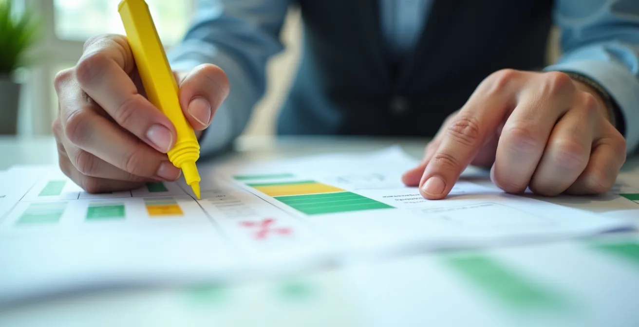 Mains pointant vers des documents comparatifs avec surligneur et notes manuscrites