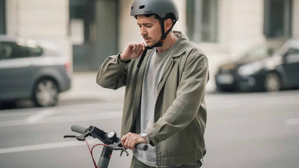 Une personne met son casque avant de partir en trottinette electrique, dans une rue urbaine, illustrant l'idee d'assurance et de responsabilite sans aucun texte visible.