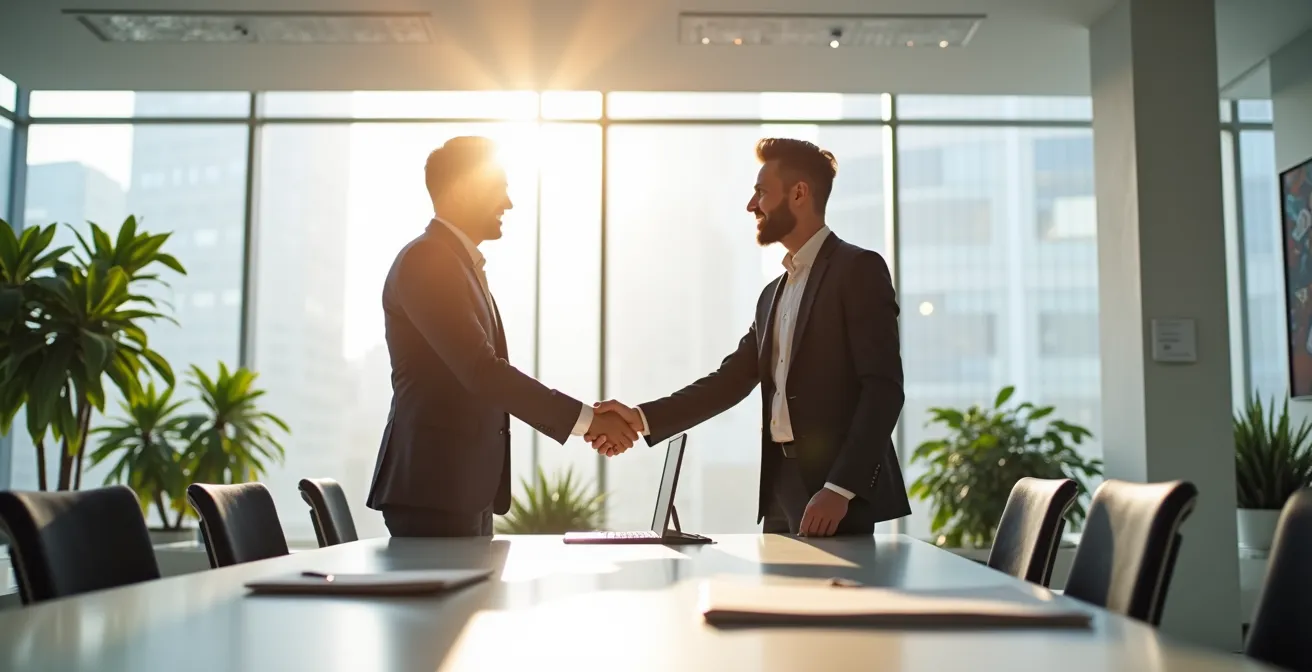 Échange professionnel cordial entre un conseiller bancaire et son client dans un bureau moderne