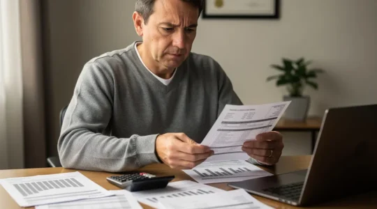 Patient consultant des documents médicaux et comparatifs de remboursement avec calculatrice dans un bureau moderne