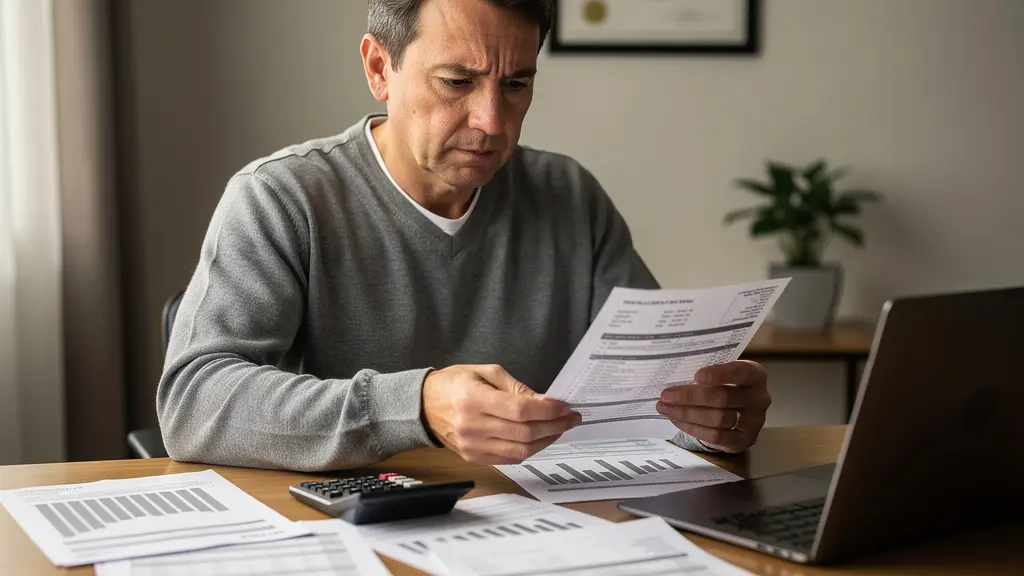 Patient consultant des documents médicaux et comparatifs de remboursement avec calculatrice dans un bureau moderne