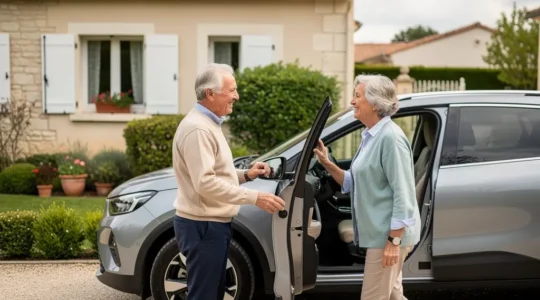 Couple retraité senior près de leur voiture familiale dans une allée résidentielle