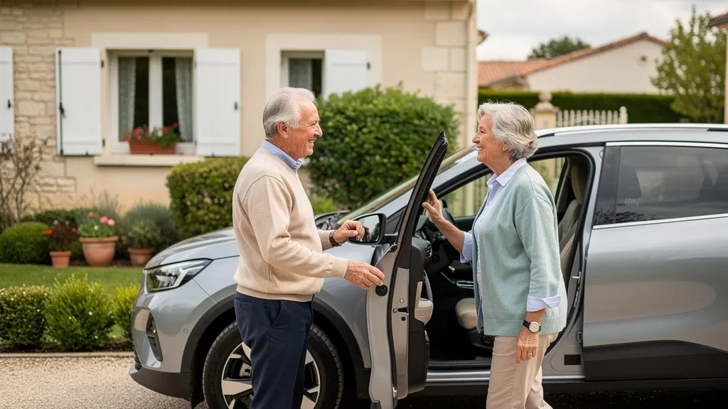 Couple retraité senior près de leur voiture familiale dans une allée résidentielle