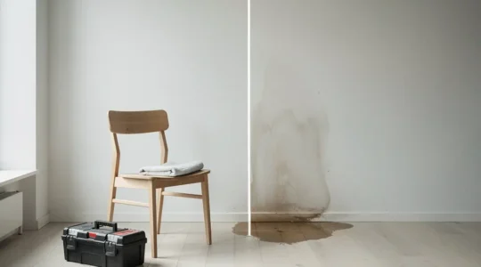 Mur intérieur avec une légère trace d’humidité et une flaque d’eau discrète au sol, dans un appartement lumineux.