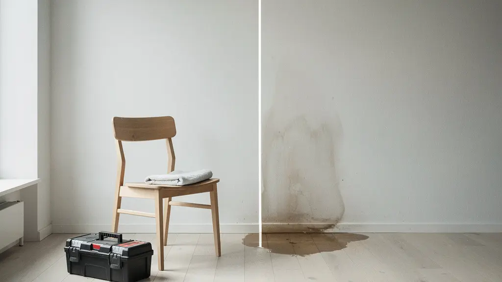 Mur intérieur avec une légère trace d’humidité et une flaque d’eau discrète au sol, dans un appartement lumineux.