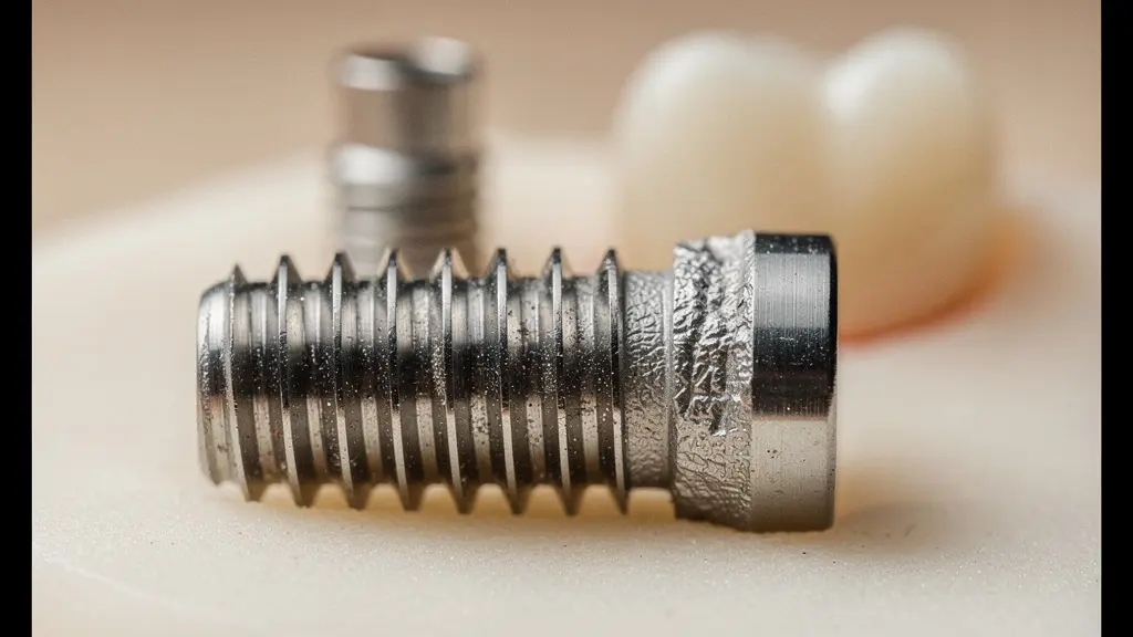 Gros plan macro sur une vis d'implant dentaire en titane posée sur une surface claire, illustrant la précision des composants implantaires