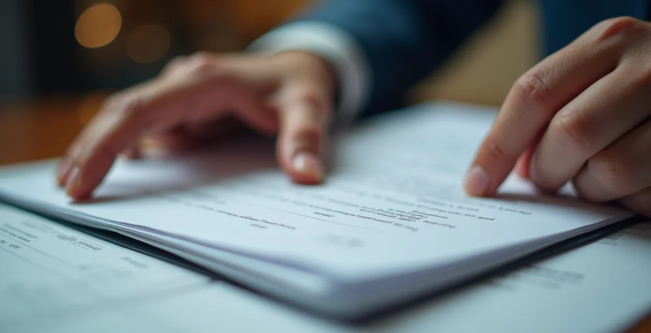 Mains tenant délicatement des documents officiels sur bureau épuré