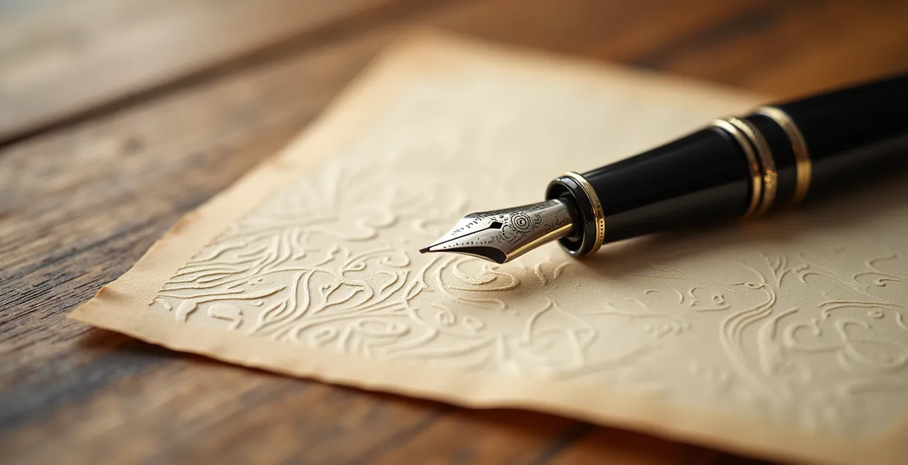 Vue macro de documents contractuels avec stylo plume sur bureau en bois