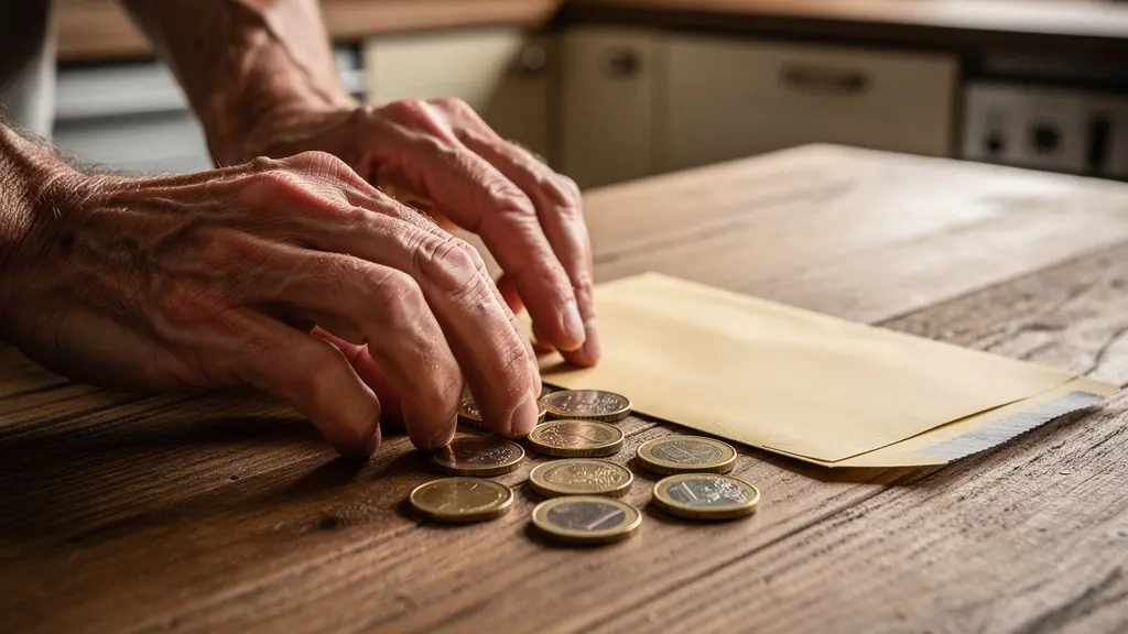 Gros plan sur des mains préparant des documents administratifs à côté de pièces de monnaie symbolisant la difficulté financière face aux soins
