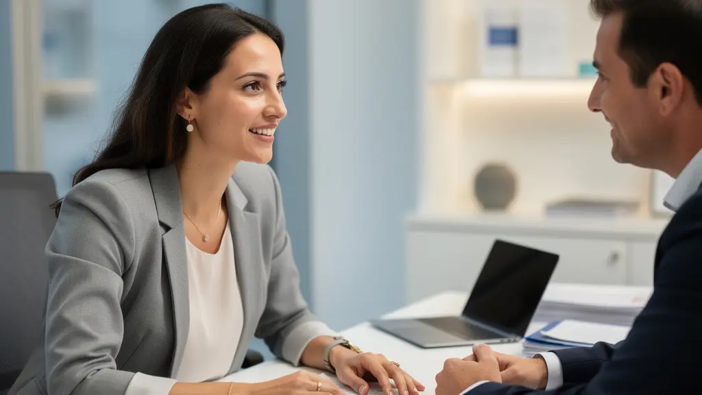 Conseillère en assurance discutant avec un client dans une agence