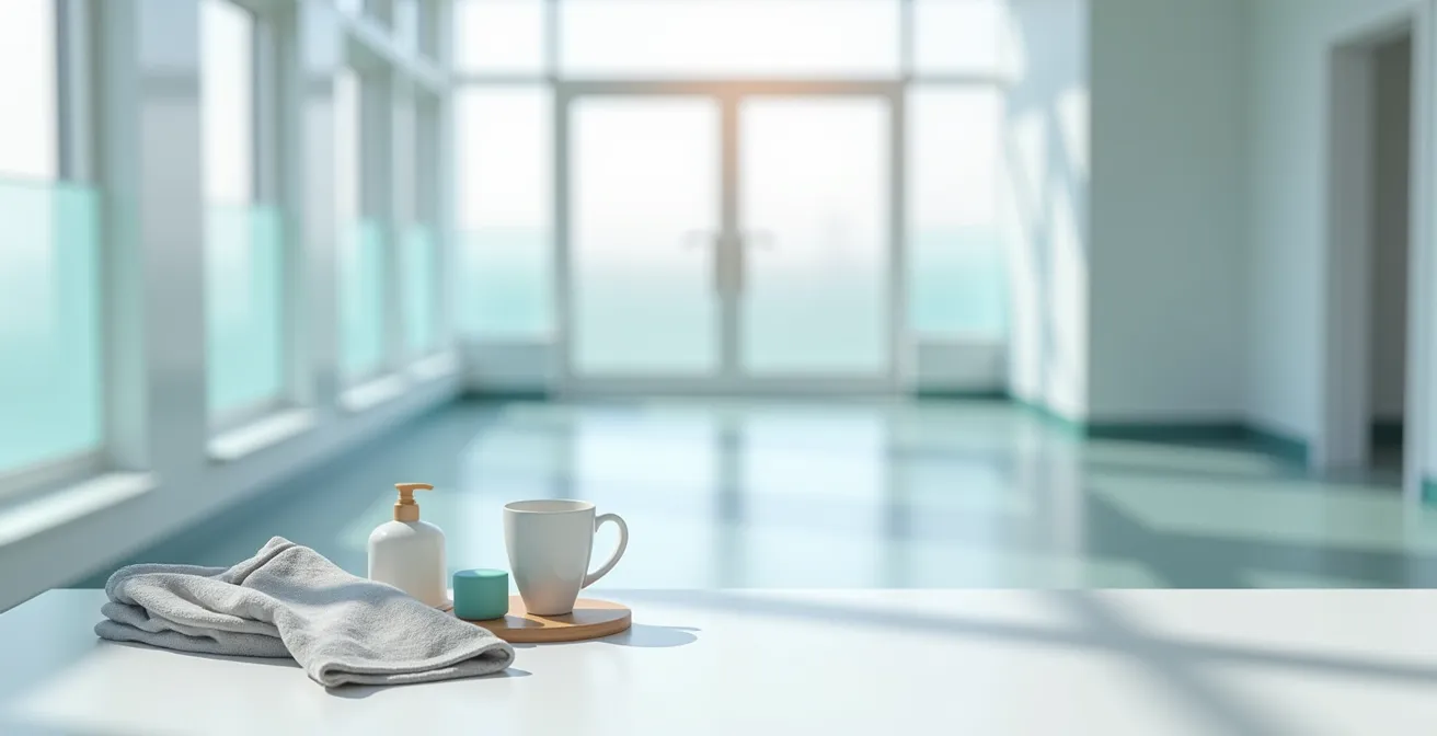 Environnement médical épuré montrant des objets du quotidien disposés sur une surface