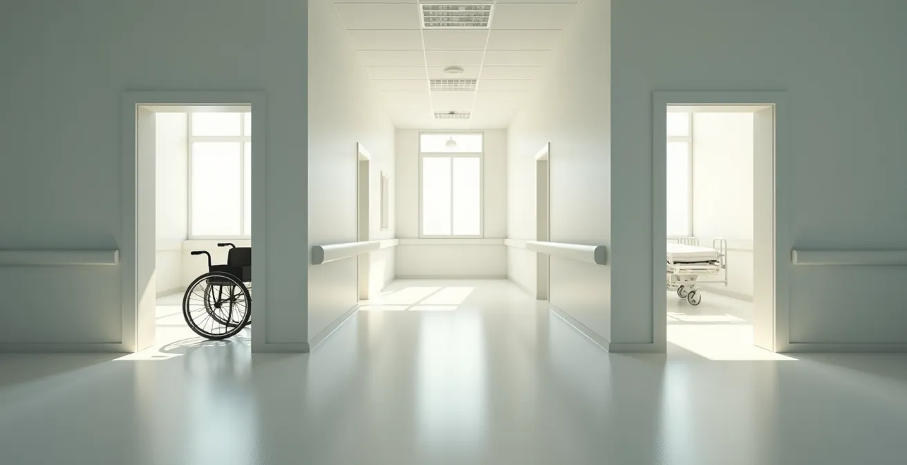 Long couloir symbolisant l'évolution de la dépendance, avec un déambulateur, un fauteuil roulant et un lit médicalisé au loin.