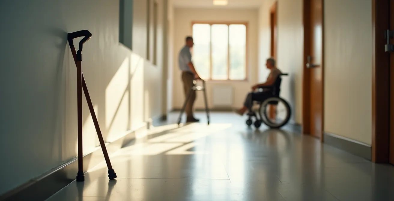 Évolution progressive de l'autonomie illustrée par la succession d'une canne, d'un déambulateur et d'un fauteuil roulant dans un couloir.