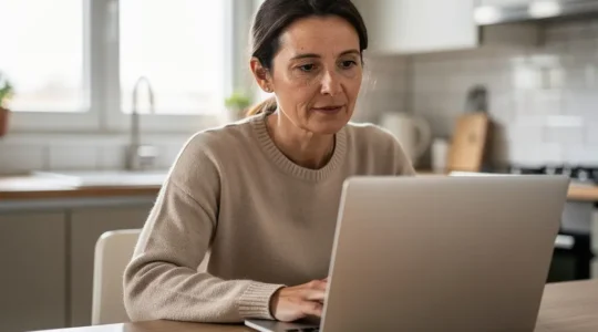 Femme consultant son assurance auto sur ordinateur portable dans sa cuisine