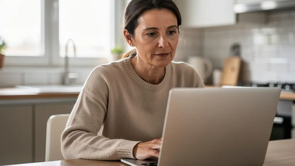 Femme consultant son assurance auto sur ordinateur portable dans sa cuisine