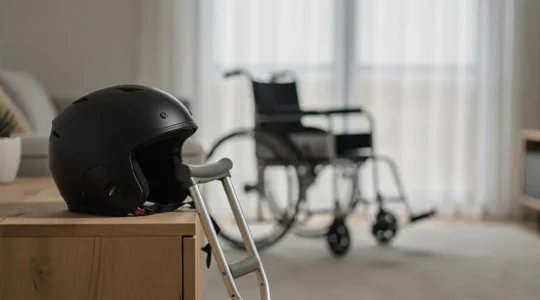 Casque de moto et béquilles posés dans un salon, avec un fauteuil roulant flou en arrière-plan, suggérant les conséquences d’un accident grave et l’enjeu de l’indemnisation.
