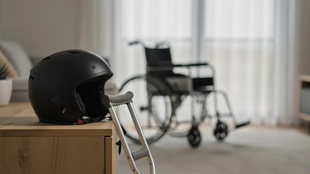 Casque de moto et béquilles posés dans un salon, avec un fauteuil roulant flou en arrière-plan, suggérant les conséquences d’un accident grave et l’enjeu de l’indemnisation.