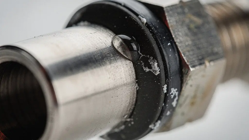 Gros plan macro d'une micro-fuite sur un raccord de tuyau, avec une goutte d'eau et des traces d'humidite, sans aucun element de texte.