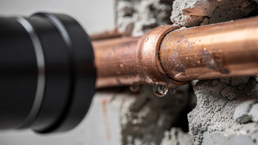 Gros plan d'un outil de détection de fuite posé près d'une canalisation, avec une goutte d'eau et des textures de mur.