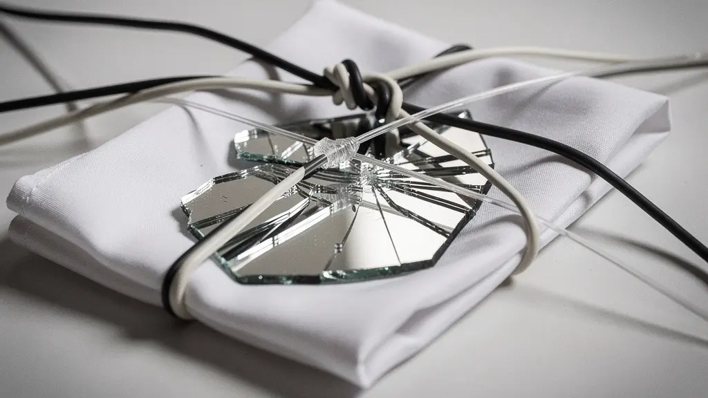 Une métaphore visuelle de harcèlement et de nettoyage numérique, avec des objets symboliques enchevêtrés et une surface réfléchissante fissurée, sans aucun écran ni texte lisible.