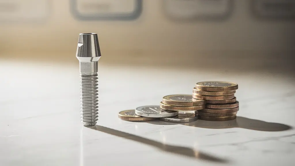 Vue rapprochée d'un implant dentaire en titane posé sur une surface épurée, symbolisant le coût et la précision des soins implantaires