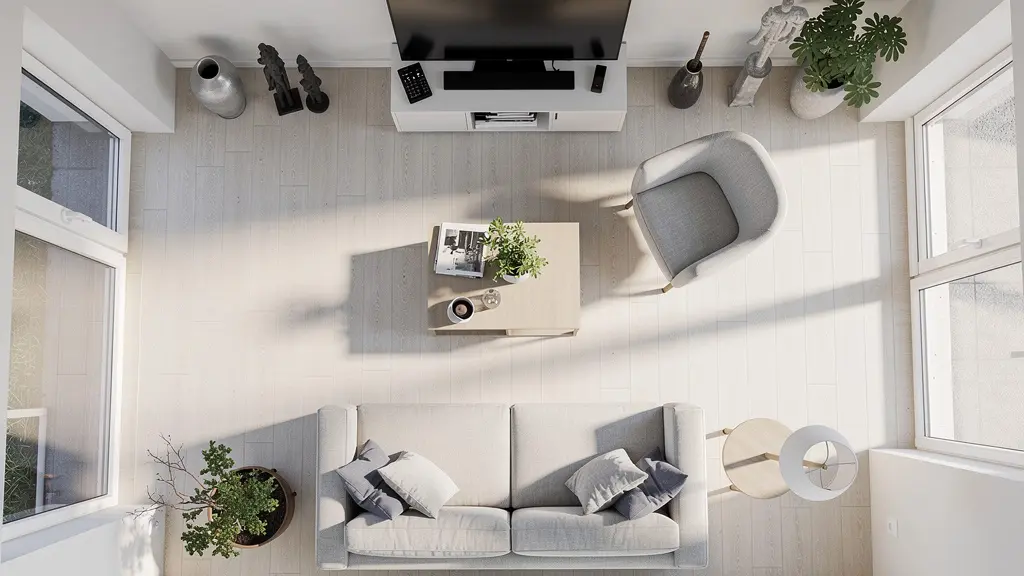 Vue aérienne d'un salon avec mobilier et objets organisés par catégories