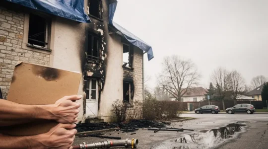 Vestiges d'une maison après un incendie avec des mains tenant un dossier de documents, symbolisant les démarches d'indemnisation d'assurance
