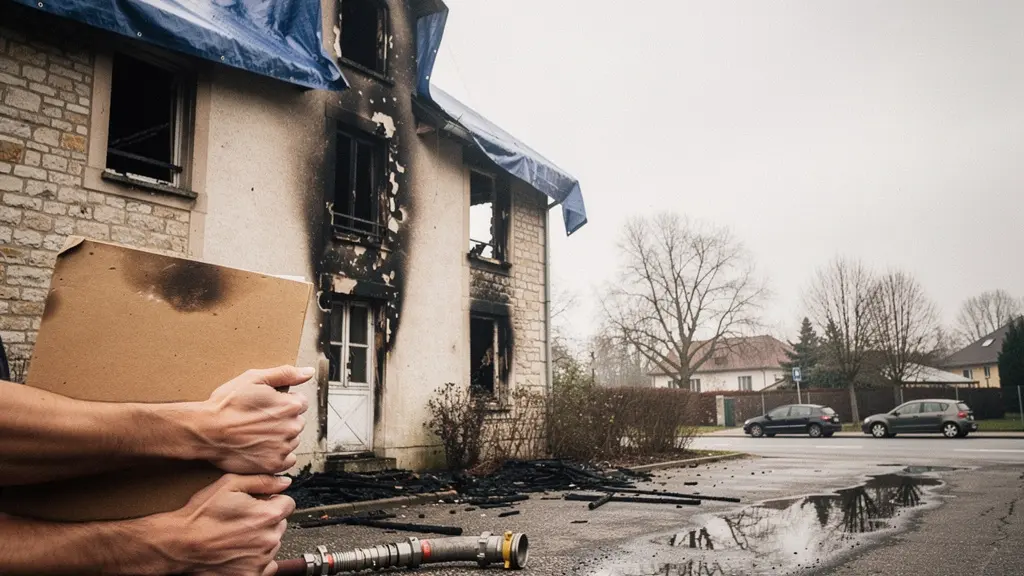 Vestiges d'une maison après un incendie avec des mains tenant un dossier de documents, symbolisant les démarches d'indemnisation d'assurance