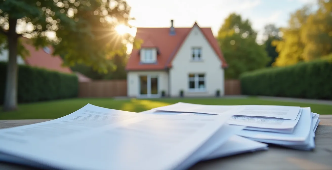 Vue aérienne d'une maison familiale avec des documents administratifs flous au premier plan