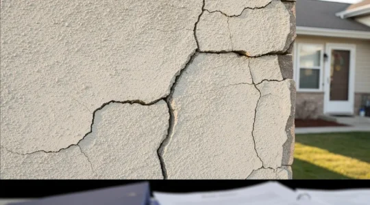Maison avec fissures visibles sur la façade et documents administratifs en premier plan