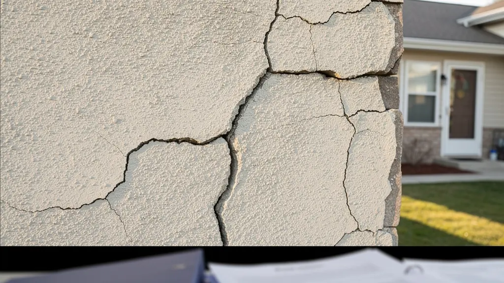 Maison avec fissures visibles sur la façade et documents administratifs en premier plan