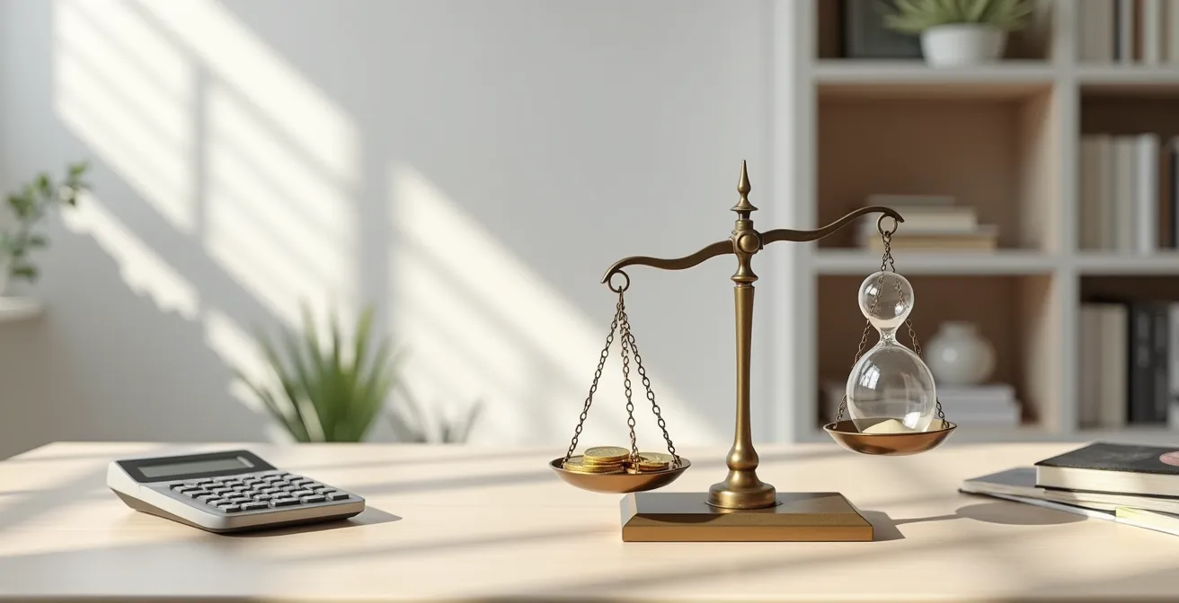 Balance symbolique avec pièces et sablier représentant l'équilibre entre report de mensualités et temps de remboursement