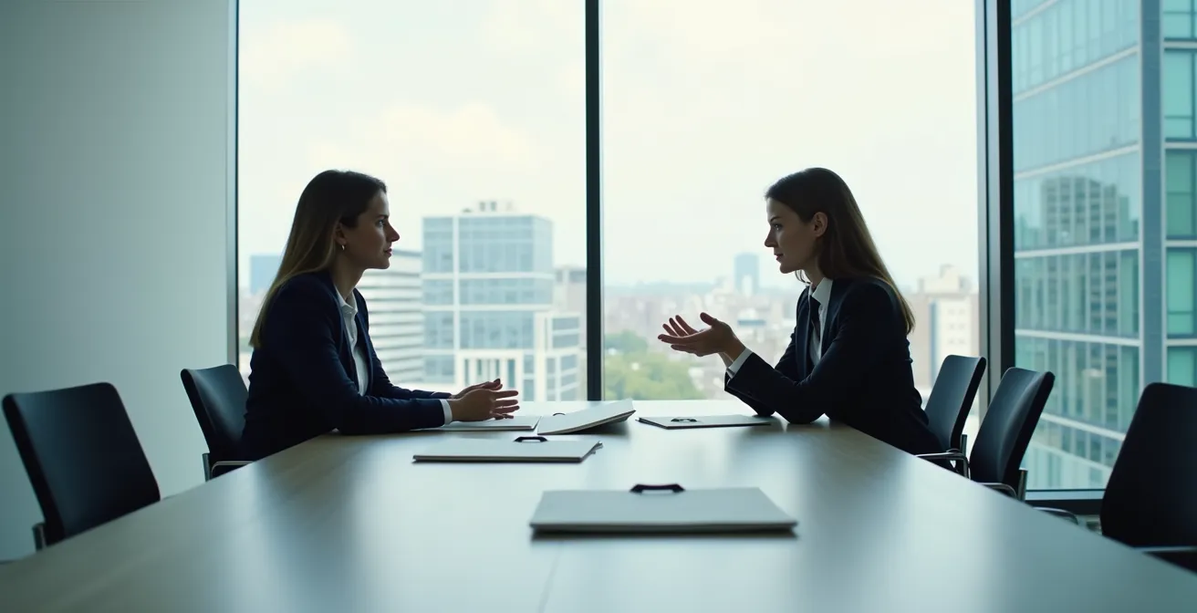 Personne en discussion professionnelle dans un bureau moderne avec documents administratifs flous