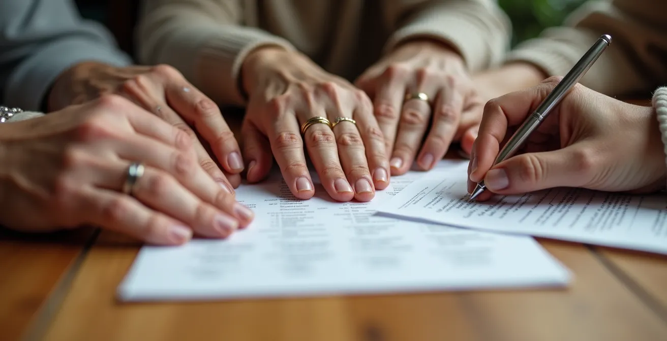 Mains de plusieurs générations réunies autour de documents administratifs dans une atmosphère familiale