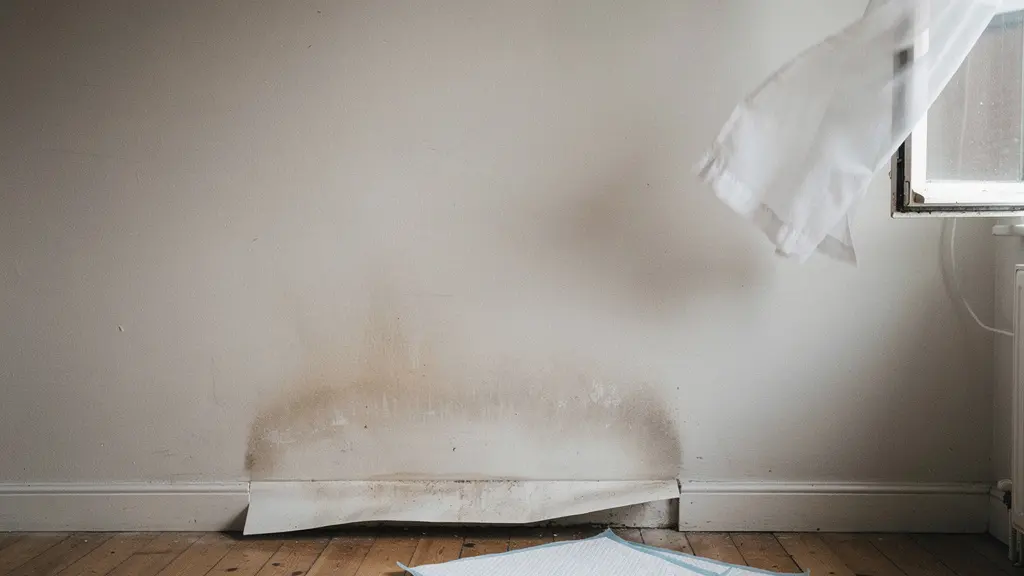 Pièce presque vide avec des traces d'humidité discrètes sur un mur, lumière naturelle et espace dégagé.